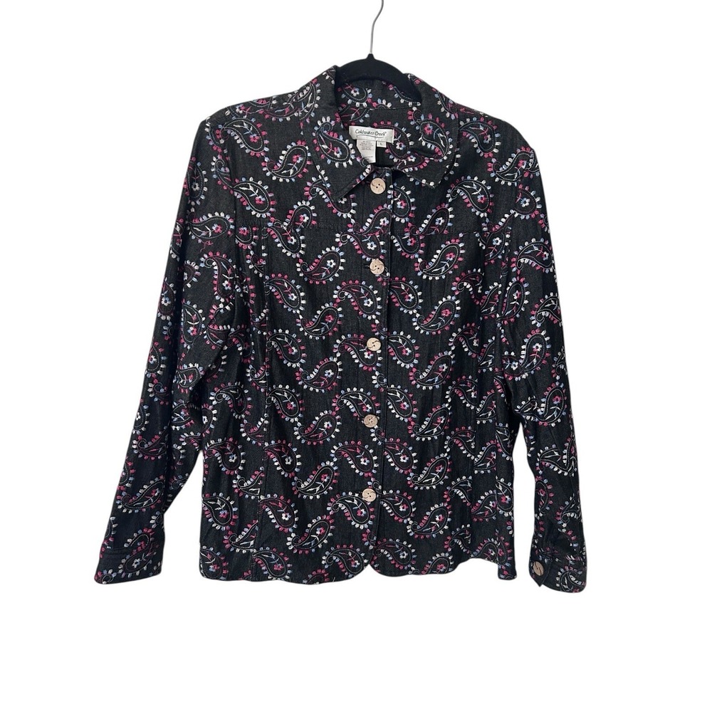 Coldwater Creek Denim Shirtâ Jacket Paisley Embroidered Large Boho Artsy Buttons